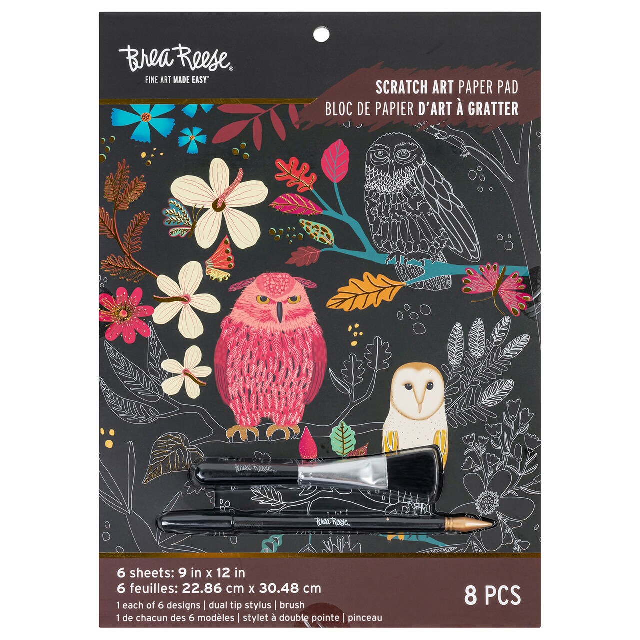Brea Reese: Scratch Art Paper Pad - Owl & Moon - 6 Designs, Metallic Guided Art, Dual-Tip Stylus & Brush, Easy-to-Frame 9x12" Pages, Adult Craft Kit